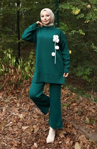 Knitwear Floral Figured Tunic Trousers Two Piece Set 1017-05 Petrol 1017-05