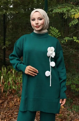 Knitwear Floral Figured Tunic Trousers Two Piece Set 1017-05 Petrol 1017-05