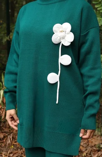 Knitwear Floral Figured Tunic Trousers Two Piece Set 1017-05 Petrol 1017-05