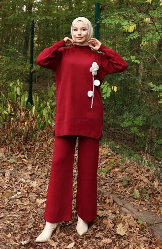 Knitwear Floral Figured Tunic Trousers Two Piece Suit 1017-06 Claret Red 1017-06