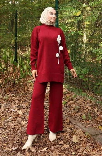Knitwear Floral Figured Tunic Trousers Two Piece Suit 1017-06 Claret Red 1017-06