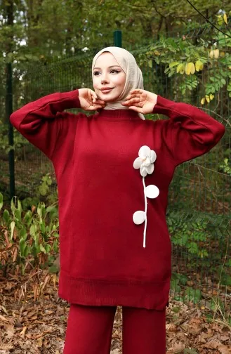 Knitwear Floral Figured Tunic Trousers Two Piece Suit 1017-06 Claret Red 1017-06