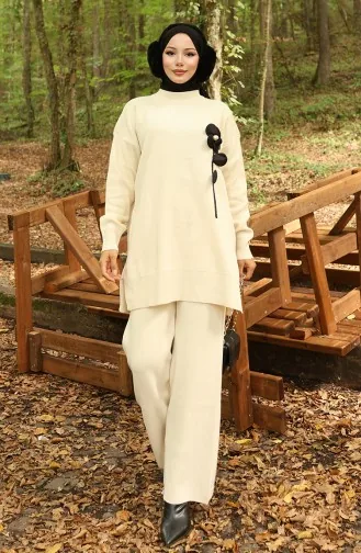 Knitwear Floral Figured Tunic Trousers Two Piece Suit 1017-07 Beige 1017-07