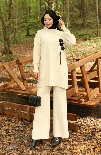 Knitwear Floral Figured Tunic Trousers Two Piece Suit 1017-07 Beige 1017-07