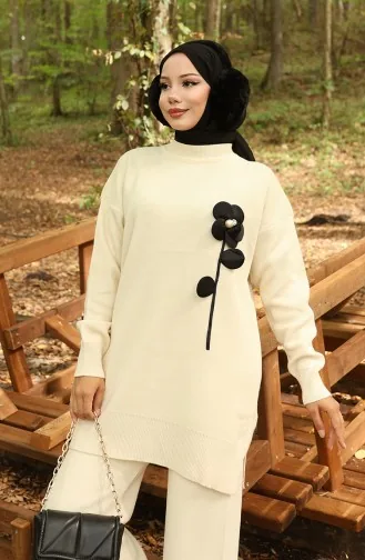 Knitwear Floral Figured Tunic Trousers Two Piece Suit 1017-07 Beige 1017-07