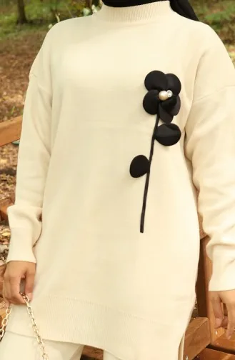 Knitwear Floral Figured Tunic Trousers Two Piece Suit 1017-07 Beige 1017-07