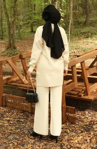 Knitwear Floral Figured Tunic Trousers Two Piece Suit 1017-07 Beige 1017-07