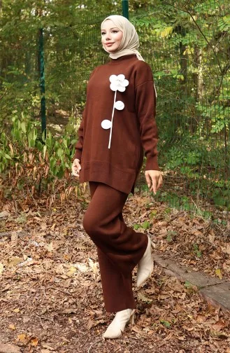 Knitwear Floral Figured Tunic Trousers Two Piece Suit 1017-08 Brown 1017-08