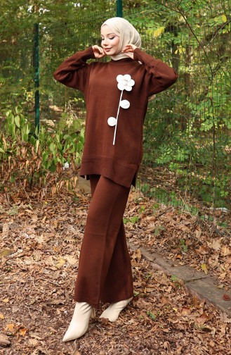 Knitwear Floral Figured Tunic Trousers Two Piece Suit 1017-08 Brown 1017-08