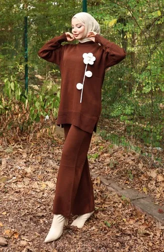 Knitwear Floral Figured Tunic Trousers Two Piece Suit 1017-08 Brown 1017-08