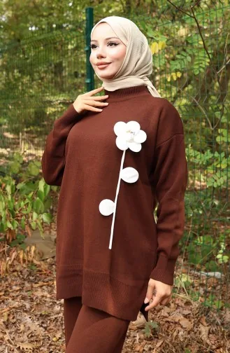 Knitwear Floral Figured Tunic Trousers Two Piece Suit 1017-08 Brown 1017-08
