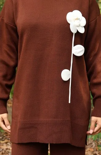 Knitwear Floral Figured Tunic Trousers Two Piece Suit 1017-08 Brown 1017-08