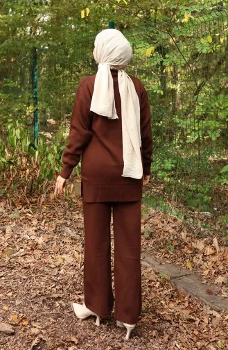 Knitwear Floral Figured Tunic Trousers Two Piece Suit 1017-08 Brown 1017-08