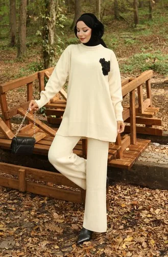 Ensemble Deux Pièces Tunique Et Pantalon En Tricot Brodé De Perles 1021-01 Beige 1021-01