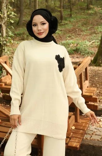 Ensemble Deux Pièces Tunique Et Pantalon En Tricot Brodé De Perles 1021-01 Beige 1021-01