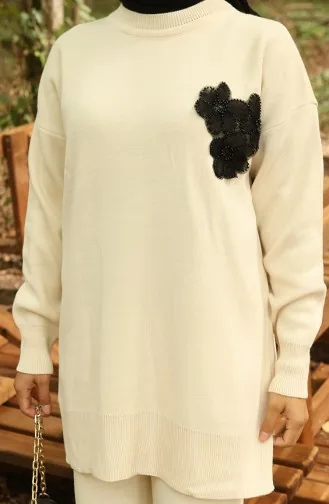 Ensemble Deux Pièces Tunique Et Pantalon En Tricot Brodé De Perles 1021-01 Beige 1021-01