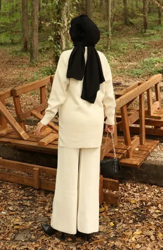 Ensemble Deux Pièces Tunique Et Pantalon En Tricot Brodé De Perles 1021-01 Beige 1021-01