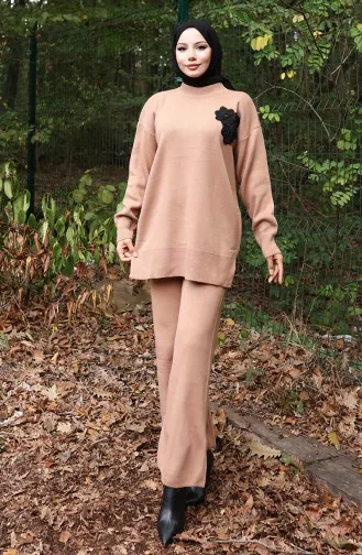 Knitwear Beaded Embroidered Tunic Trousers Two Piece Suit 1021-02 Milk Coffee 1021-02