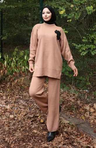 Knitwear Beaded Embroidered Tunic Trousers Two Piece Suit 1021-02 Milk Coffee 1021-02