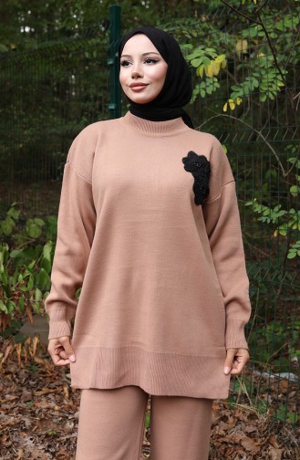 Triko Boncuk İşlemeli Tunik Pantolon İkili Takım 1021-02 Sütlü kahve