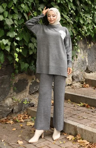 Ensemble Deux Pièces En Tricot Tunique Et Pantalon Brodés De Perles 1021-03 Gris 1021-03