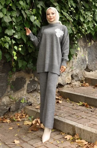 Ensemble Deux Pièces En Tricot Tunique Et Pantalon Brodés De Perles 1021-03 Gris 1021-03