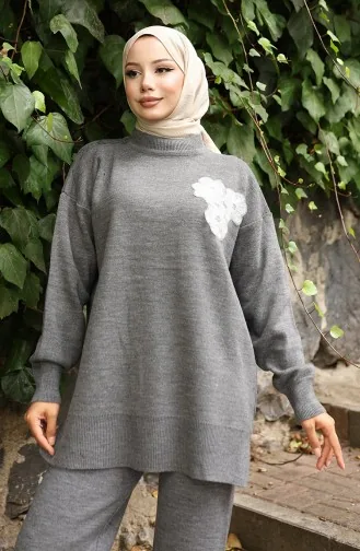 Ensemble Deux Pièces En Tricot Tunique Et Pantalon Brodés De Perles 1021-03 Gris 1021-03