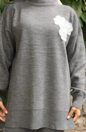 Ensemble Deux Pièces En Tricot Tunique Et Pantalon Brodés De Perles 1021-03 Gris 1021-03