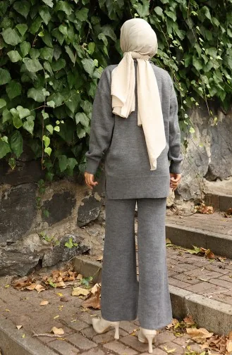 Ensemble Deux Pièces En Tricot Tunique Et Pantalon Brodés De Perles 1021-03 Gris 1021-03