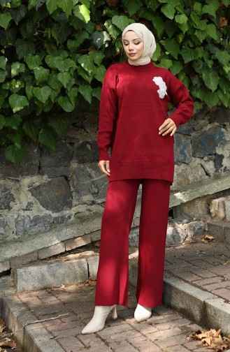 Triko Boncuk İşlemeli Tunik Pantolon İkili Takım 1021-04 Bordo