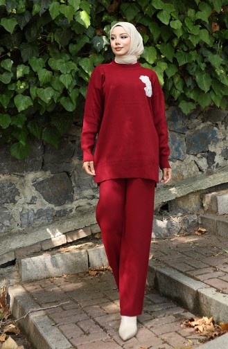 Triko Boncuk İşlemeli Tunik Pantolon İkili Takım 1021-04 Bordo