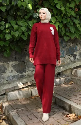 Knitwear Beaded Embroidered Tunic Trousers Two Piece Suit 1021-04 Claret Red 1021-04