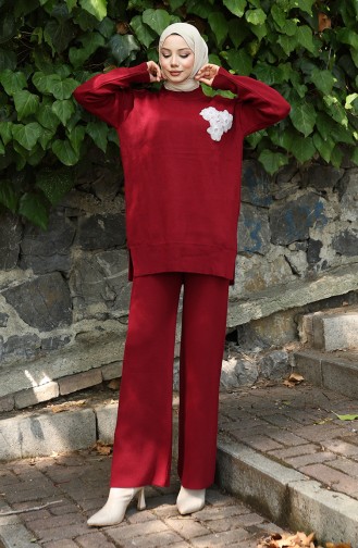Triko Boncuk İşlemeli Tunik Pantolon İkili Takım 1021-04 Bordo