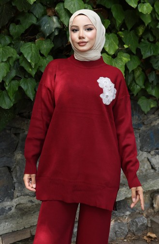 Triko Boncuk İşlemeli Tunik Pantolon İkili Takım 1021-04 Bordo