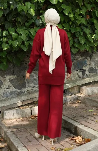 Knitwear Beaded Embroidered Tunic Trousers Two Piece Suit 1021-04 Claret Red 1021-04