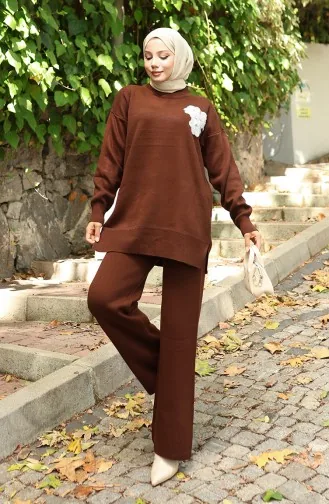 Ensemble Deux Pièces En Tricot Tunique Et Pantalon Brodés De Perles 1021-05 Marron 1021-05