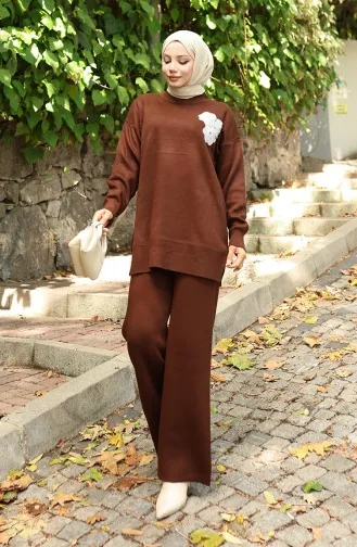 Ensemble Deux Pièces En Tricot Tunique Et Pantalon Brodés De Perles 1021-05 Marron 1021-05