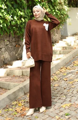 Ensemble Deux Pièces En Tricot Tunique Et Pantalon Brodés De Perles 1021-05 Marron 1021-05