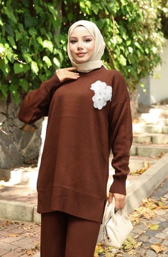 Knitwear Beaded Embroidered Tunic Trousers Two Piece Suit 1021-05 Brown 1021-05