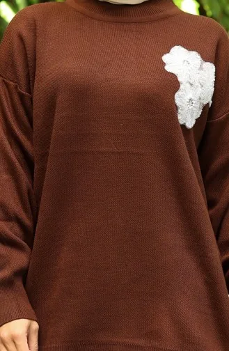 Ensemble Deux Pièces En Tricot Tunique Et Pantalon Brodés De Perles 1021-05 Marron 1021-05