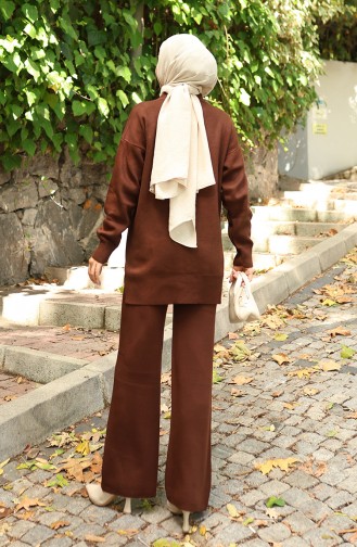 Knitwear Beaded Embroidered Tunic Trousers Two Piece Suit 1021-05 Brown 1021-05