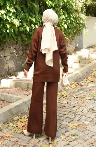 Ensemble Deux Pièces En Tricot Tunique Et Pantalon Brodés De Perles 1021-05 Marron 1021-05