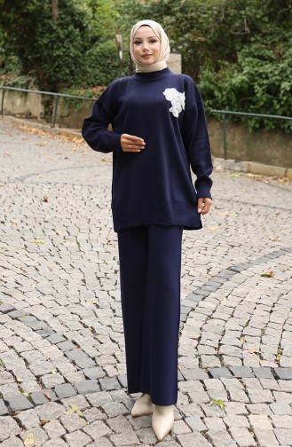 Gebreid Kralen Geborduurd Tuniek Broek Tweedelig Pak 1021-06 Marineblauw 1021-06