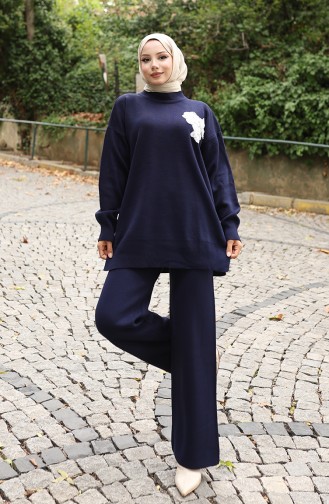 Gebreid Kralen Geborduurd Tuniek Broek Tweedelig Pak 1021-06 Marineblauw 1021-06