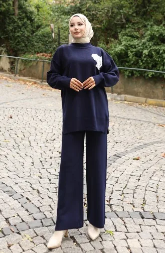 Strickmode Perlenbestickte Tunika Hose Zweiteiliger Anzug 1021-06 Marineblau 1021-06