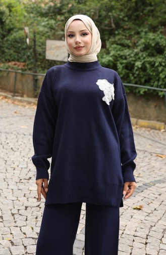 Gebreid Kralen Geborduurd Tuniek Broek Tweedelig Pak 1021-06 Marineblauw 1021-06