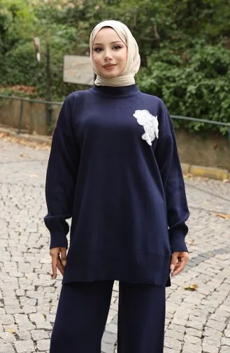 Strickmode Perlenbestickte Tunika Hose Zweiteiliger Anzug 1021-06 Marineblau 1021-06