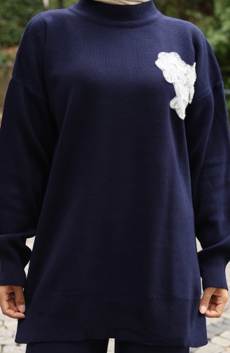 Gebreid Kralen Geborduurd Tuniek Broek Tweedelig Pak 1021-06 Marineblauw 1021-06