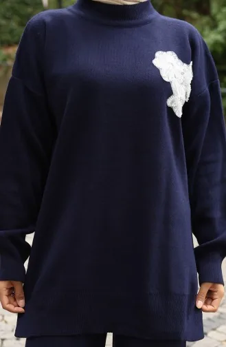 Strickmode Perlenbestickte Tunika Hose Zweiteiliger Anzug 1021-06 Marineblau 1021-06