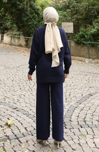 Strickmode Perlenbestickte Tunika Hose Zweiteiliger Anzug 1021-06 Marineblau 1021-06